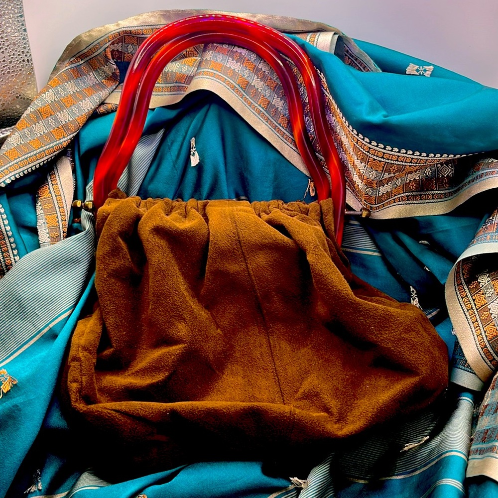 Vintage Interchangeable Brown Suede Handbag w/ Tortoiseshell Bakelite Handles